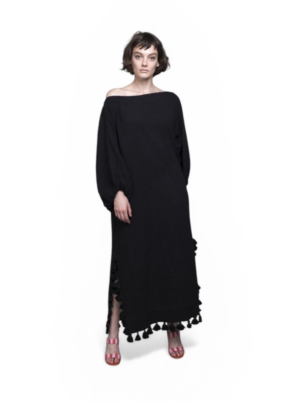 Rhode  Women's Black Off-Shoulder Tassel Hem Maxi Dress